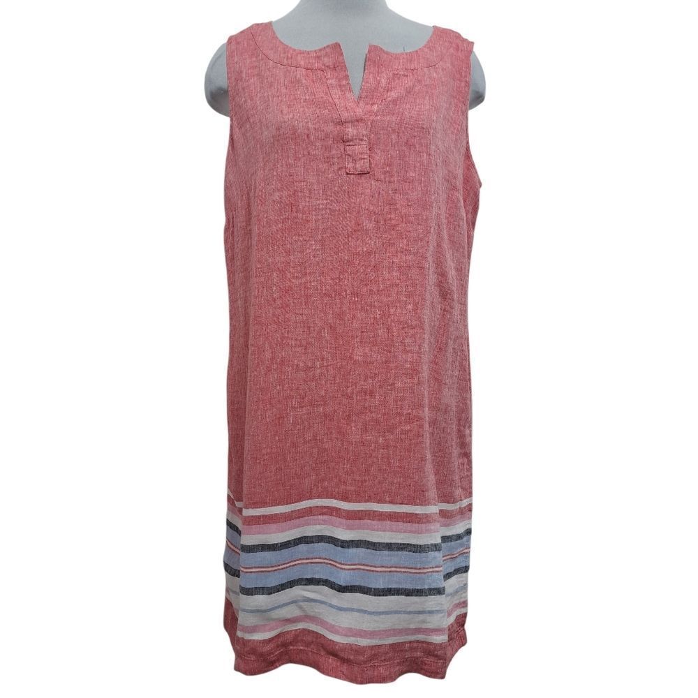 Talbots Women Linen Shift Seaside Stripe Knee Length Casual Dress Salmon S16 NWT